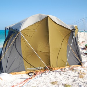 One side of the SSB tent blown in by the constant wind