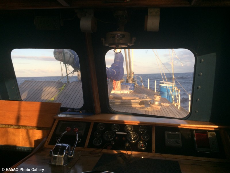 View of the Evohe wheelhouse as the first evening at sea settles in